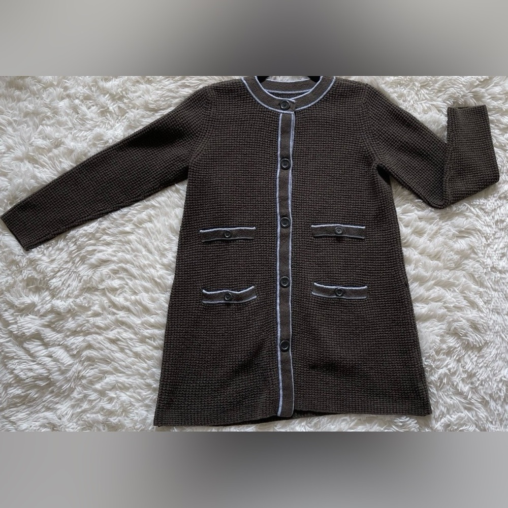 Talbots Longline Cardigan Sweater Coat Olive Green Blue Trim Preppy Cozy Knit S - Picture 3 of 6